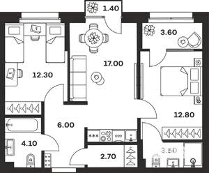 2-к квартира, вторичка, 63м2, 6/24 этаж