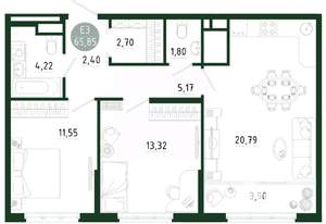 2-к квартира, строящийся дом, 66м2, 13/25 этаж