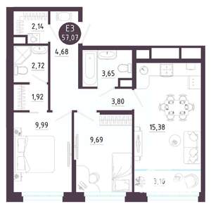 2-к квартира, вторичка, 57м2, 4/10 этаж