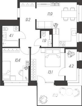 2-к квартира, строящийся дом, 64м2, 1/24 этаж