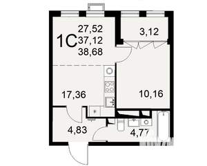 1-к квартира, строящийся дом, 39м2, 2/16 этаж