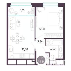 1-к квартира, строящийся дом, 40м2, 2/10 этаж