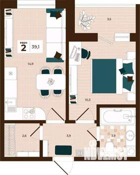 2-к квартира, строящийся дом, 39м2, 9/14 этаж