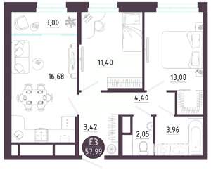 2-к квартира, вторичка, 58м2, 10/10 этаж