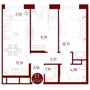 2-к квартира, вторичка, 47м2, 10/10 этаж