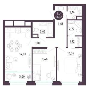 2-к квартира, вторичка, 57м2, 8/10 этаж