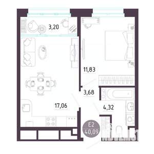 1-к квартира, строящийся дом, 40м2, 3/10 этаж