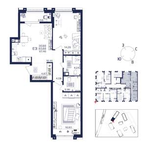 2-к квартира, строящийся дом, 67м2, 6/15 этаж