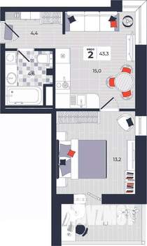 2-к квартира, строящийся дом, 43м2, 3/14 этаж