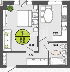 1-к квартира, вторичка, 34м2, 3/3 этаж