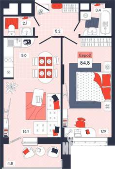 2-к квартира, строящийся дом, 55м2, 7/14 этаж