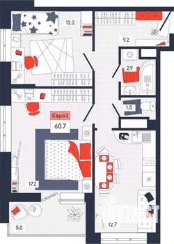3-к квартира, вторичка, 61м2, 6/14 этаж