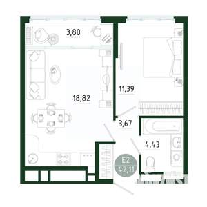 1-к квартира, строящийся дом, 42м2, 14/25 этаж