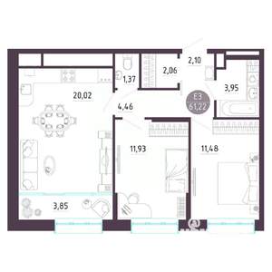 2-к квартира, строящийся дом, 61м2, 7/10 этаж
