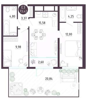 2-к квартира, вторичка, 73м2, 1/10 этаж