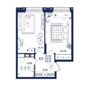 1-к квартира, строящийся дом, 43м2, 4/15 этаж