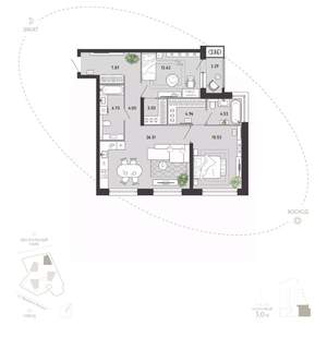 2-к квартира, вторичка, 91м2, 1/21 этаж