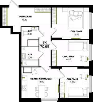 3-к квартира, вторичка, 71м2, 12/25 этаж