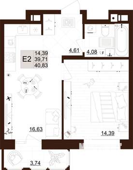 1-к квартира, строящийся дом, 41м2, 2/12 этаж