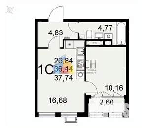 1-к квартира, вторичка, 38м2, 2/16 этаж