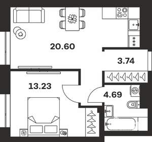1-к квартира, вторичка, 42м2, 1/7 этаж
