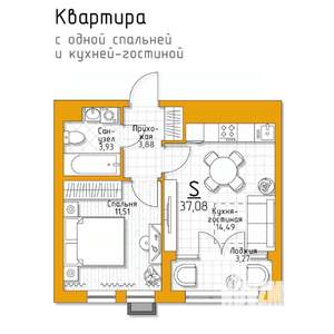 1-к квартира, строящийся дом, 37м2, 3/5 этаж
