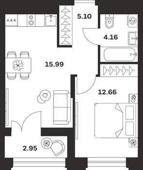 1-к квартира, вторичка, 41м2, 4/15 этаж