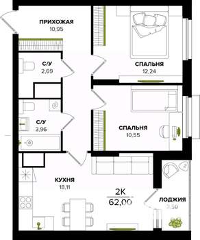 2-к квартира, вторичка, 62м2, 2/25 этаж