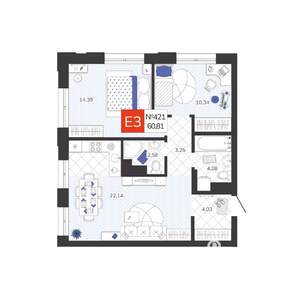 2-к квартира, вторичка, 61м2, 4/19 этаж