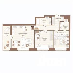 2-к квартира, строящийся дом, 67м2, 1/14 этаж