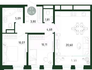 2-к квартира, строящийся дом, 60м2, 5/25 этаж