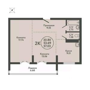 2-к квартира, строящийся дом, 57м2, 5/9 этаж