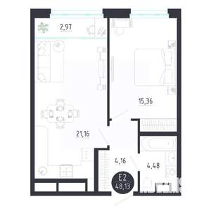 1-к квартира, строящийся дом, 48м2, 7/8 этаж