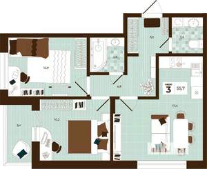 3-к квартира, строящийся дом, 56м2, 3/14 этаж