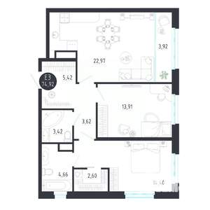 2-к квартира, строящийся дом, 75м2, 2/8 этаж