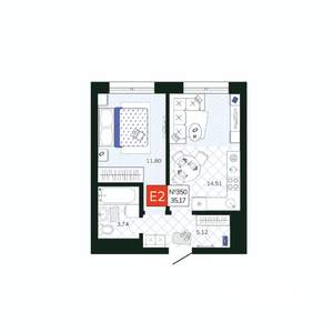 1-к квартира, вторичка, 35м2, 17/19 этаж