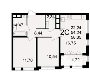 2-к квартира, строящийся дом, 54м2, 11/18 этаж