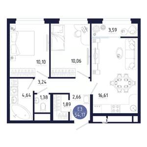 2-к квартира, строящийся дом, 54м2, 2/25 этаж