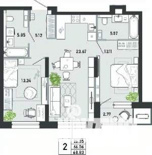 2-к квартира, вторичка, 69м2, 1/21 этаж