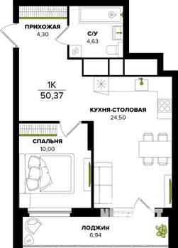 1-к квартира, строящийся дом, 50м2, 6/25 этаж