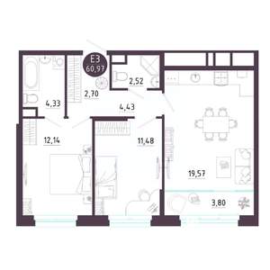 2-к квартира, строящийся дом, 61м2, 10/10 этаж