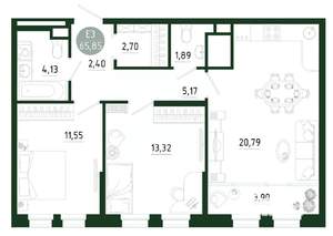 2-к квартира, строящийся дом, 66м2, 25/25 этаж