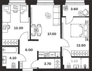 2-к квартира, строящийся дом, 62м2, 13/24 этаж