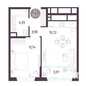 1-к квартира, строящийся дом, 39м2, 7/10 этаж