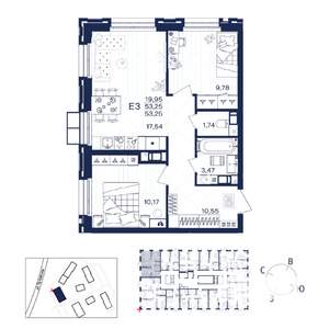 2-к квартира, строящийся дом, 53м2, 3/15 этаж