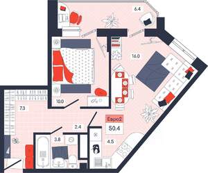2-к квартира, строящийся дом, 50м2, 11/14 этаж
