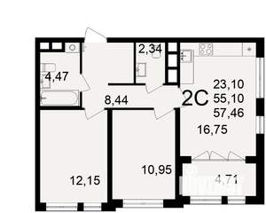 2-к квартира, строящийся дом, 55м2, 17/18 этаж