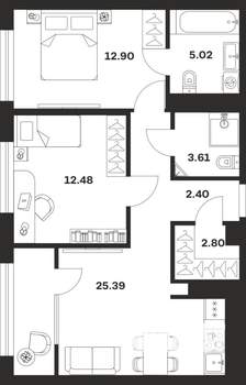 2-к квартира, строящийся дом, 65м2, 2/25 этаж