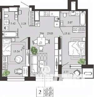 2-к квартира, вторичка, 68м2, 5/21 этаж