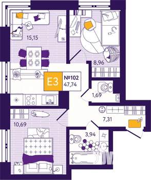 2-к квартира, вторичка, 48м2, 8/14 этаж